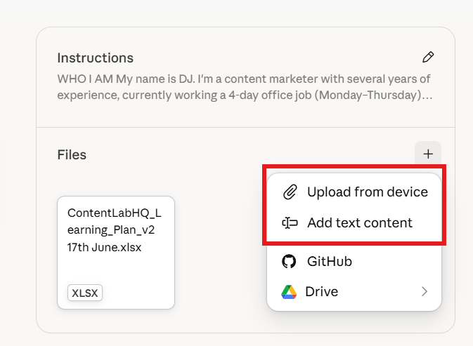 A screenshot showing how to use Claude Projects effectively by adding custom instructions and uploading files directly inside a project.